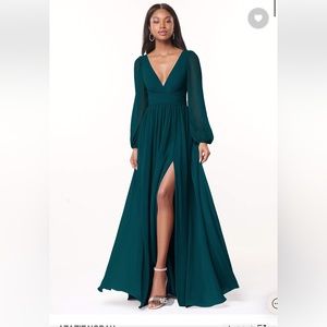 A-Line V-Neck Long Sleeve Chiffon Floor-Length Dress Pine